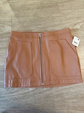 Free People Faux Leather Zip-Front Mini Skirt in Cognac